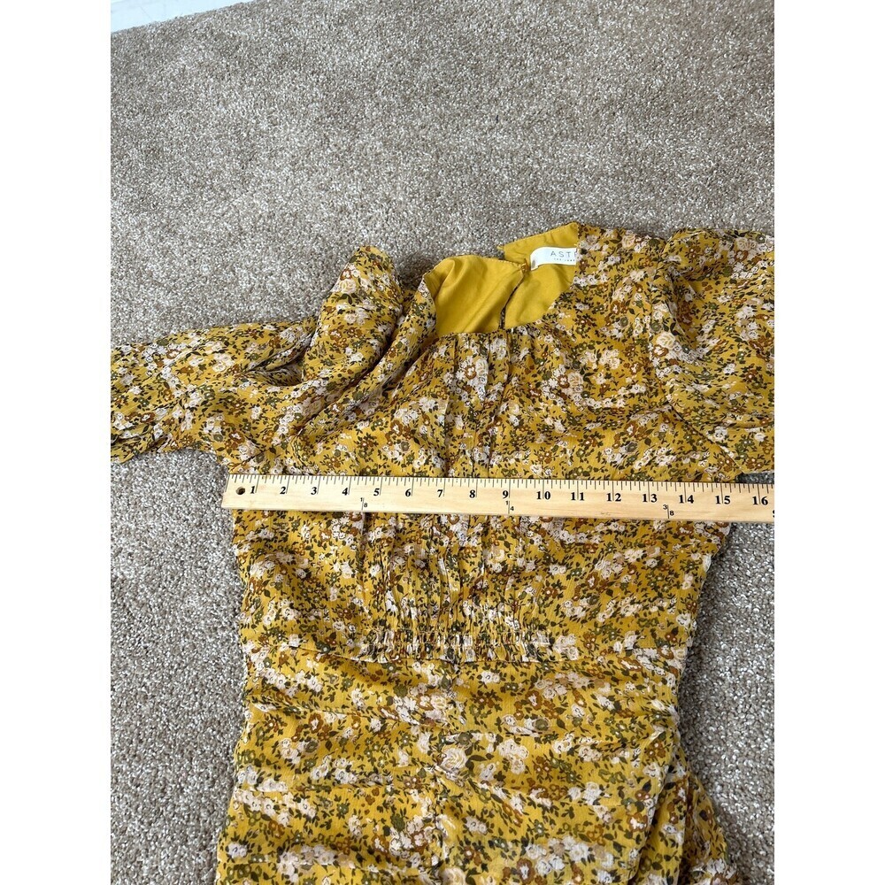 Astr MINI DRESS CLAREMORE yellow FLORAL RUCHED LONG PUFF SLEEVE  SZ SM ruffled - Picture 7 of 7